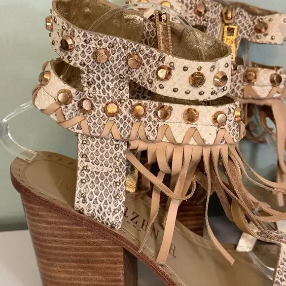 Ivy Kirzhner Sandals 9 Brown Snake Fringe Studded Hildagar Buckle Strappy Ankle